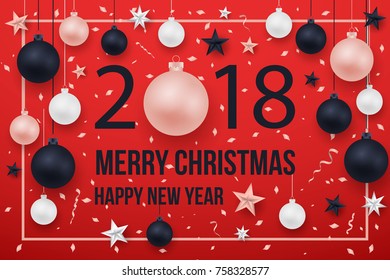 Merry Christmas tree branches elegant luxury design with balls, star. Vector illustration, 2018 Happy New Year background. Black, red, pink christmas balls. Tree concept. Isolated on background. EPS10