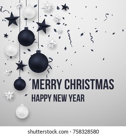 Merry Christmas tree branches elegant luxury design with balls, star. Vector illustration, 2018 Happy New Year background. Black, red, pink christmas balls. Tree concept. Isolated on background. EPS10