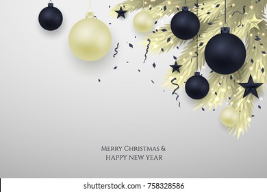 Merry Christmas tree branches elegant luxury design with balls, star. Vector illustration, 2018 Happy New Year background. Black, red, pink christmas balls. Tree concept. Isolated on background. EPS10