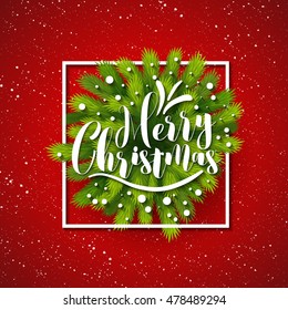 Merry Christmas tree branches in frame, snowflakes on red background with sparkles. Merry Christmas wish, Merry Christmas greeting card, invitation, menu, advertising design, Merry Christmas. Xmas.