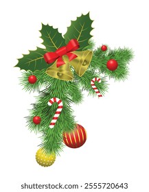 Merry Christmas tree branches with leafs, candys, christmas balls, berrys, and bells vector