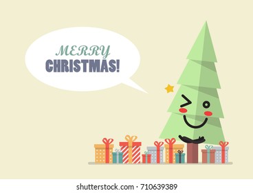 Merry Christmas with christmas tree character. Funny cartoon emoticons