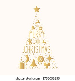 Merry Christmas tree concept with golden stars, snowflakes, deer, toys. Gold holiday gift card template. Vector isolated festive xmas design