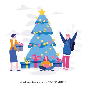 Merry Christmas,  tree decorated for celebration, happy friends near a spruce. Vector illustration for web, print, presentation. People happiness, new year or holidays 