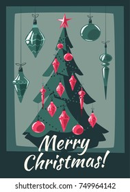 Merry Christmas. Tree with decorations. Cartoon vector illustration