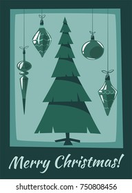 Merry Christmas. Tree with decorations. Cartoon vector illustration