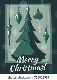 Merry Christmas. Tree with decorations. Cartoon vector illustration. Vintage style. Greeting card