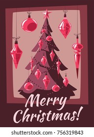 Merry Christmas. Tree with decorations. Cartoon vector illustration