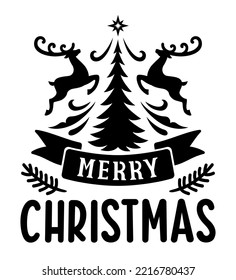 Merry Christmas tree with deer. Vector illustration for cutting. Holiday handwritten quote. Text for greeting card, invitation, banner, poster, print t shirt. Isolated on white background.