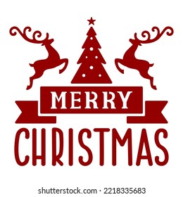 Merry Christmas tree with deer. Vector illustration for cutting. Holiday handwritten quote. Text for greeting card, invitation, banner, poster, print t shirt. Isolated on white background.