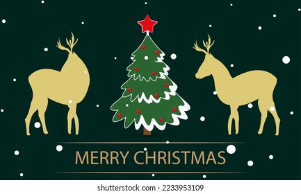 Merry Christmas tree and deer, vector art illustration.