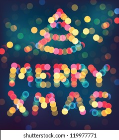 Merry christmas and christmas tree defocused lights signature - vector illustration.