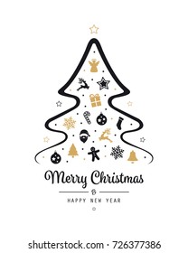 merry christmas tree elements card golden black isolated background
