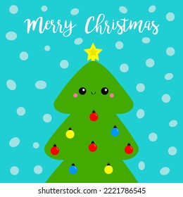 Merry Christmas tree. Fir-tree icon. Star shape tip top. Round ball light toy set. Cute cartoon kawaii baby character. Green triangle simple shape form. Blue snow flake background. Flat design. Vector