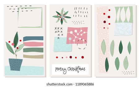 Merry Christmas tree flower Happy New Year card set. Winter Holidays vector. Plant craft postcard graphic design element. Cute Hand written calligraphy sign. Kids drawing hand made cutout collage art