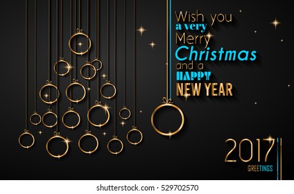 Merry Christmas Tree Flyer with Golden elegant baubles and glowing light stars. Background for seasonal invitations, new year posters and celebration decorated greetings wallpapers.