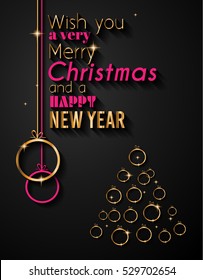Merry Christmas Tree Flyer with Golden elegant baubles and glowing light stars. Background for seasonal invitations, new year posters and celebration decorated greetings wallpapers.