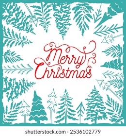 Merry Christmas tree frame . Christmas greeting Card, hand drawing. Not AI, Vector illustrations