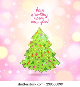 Merry Christmas tree with fresh fruits and vegetables. Happy New Year holiday card background.