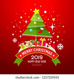 Feliz árbol de Navidad y caja de regalo feliz diseño de año nuevo sobre fondo rojo, Ilustración vectorial