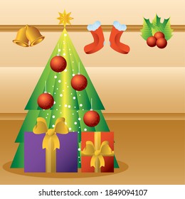 navidad navidad, cajas de regalo de árbol y colgado en campanas de pared calcetines ilustración vectorial