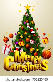 merry christmas tree with gift festival. Cartoon vector illustration font design 3D. vertical poster, EPS 10 You can rearrange the images or you can place relevant content on the area.