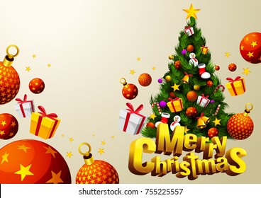 merry christmas tree and gift festival  Cartoon vector illustration font design 3D  Horizontal poster  EPS 10 You can rearrange the images you can place relevant content the area 