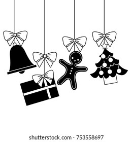 merry christmas tree gift gingerbread bell hanging decoration traditional vector illustration