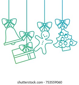 merry christmas tree gift gingerbread bell hanging decoration traditional vector illustration
