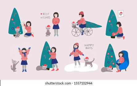 Merry Christmas tree girl cat lady character Happy New Year simple card. Winter Holidays vector. Forest snow postcard graphic design element. Cute bicycle small sign. Kids drawing Children hand made