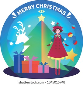 
Merry Christmas tree, girls, gifts, illustrations