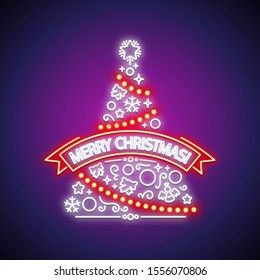 Merry Christmas tree glowing colorful neon sign. Greeting card. Vector poster illustration for your holiday projects in retro-futuristic style.