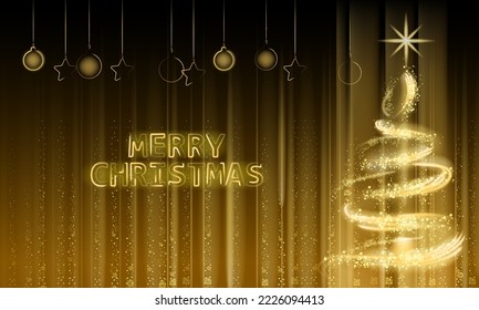 Merry Christmas, tree gold lights dust decoration, golden blurred magic glow on dark background. Merry Christmas holiday celebration. Vector illustration banner greeting card