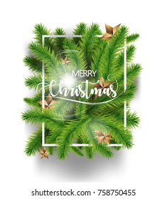 Merry Christmas tree green branches with gold stars and white frame isolate on white background. EPS Vector illustration.