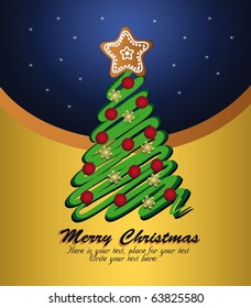 Merry Christmas, tree green  vector gold card
