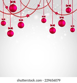 Merry Christmas tree greeting card with red bauble. Vector illustration. 