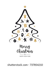 merry christmas tree greeting text elements card golden black white background