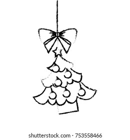 merry christmas tree hanging bow ball and star vector illustration