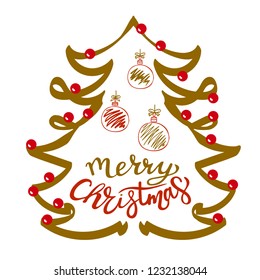 Merry Christmas tree for Happy holidays greeting card. Lettering celebration logo set. Typography for winter holidays. Calligraphic poster on white background. Postcard motive
