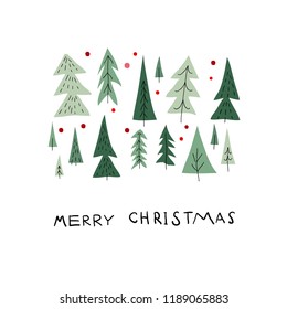 Merry Christmas Tree Happy New Year Simple Card. Winter Holidays Vector. Forest Snow Postcard Graphic Design Element. Cute Hand Written Primitive Small Sign. Kids Drawing Children Hand Made Naive Art