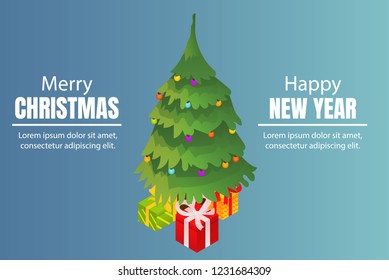 Merry Christmas tree and Happy New Year concept background. Isometric illustration of Merry Christmas tree and Happy New Year vector concept background for web design