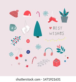 Merry Christmas tree Happy New Year simple card. Winter Holidays vector. Forest snow postcard graphic design element. Cute Hand written primitive small sign. Kids drawing Children hand made naive art