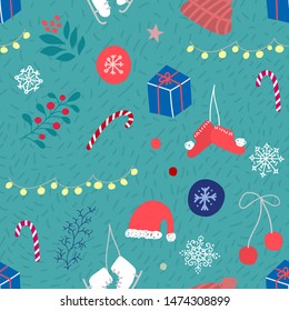 Merry Christmas tree Happy New Year decoration vector seamless pattern. Plant craft postcard graphic design element. Cute Hand drawn Kids hand made art embroidery stitch leafs snowflakes garland gift