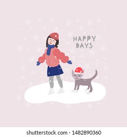 Merry Christmas tree Happy New Year simple card. Winter Holidays vector. Forest snow postcard graphic design element. Cute Hand written primitive small ice skates. Kids drawing Children hand made art