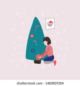 Merry Christmas tree Happy New Year simple card. Winter Holidays vector. Cute Hand written primitive small sign. Kids drawing Children hand made naive art