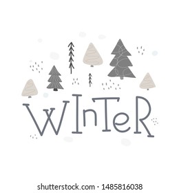 Merry Christmas tree Happy New Year simple card. Winter Holidays vector. Forest snow postcard graphic design element. Cute Hand written primitive small sign. Kids drawing Children hand made naive art.