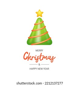 Merry Christmas Tree and Happy New Year Poster. Colorful illustrations in cartoon style for your Christmas projects. Isolated on white background.