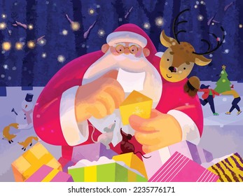 Merry Christmas Tree Happy New Year Celebration Santa Claus Gift Landscape painting Pattern Snowman Postcard Website illustration