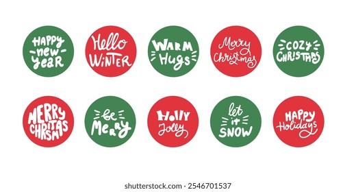 Merry Christmas tree Happy New Year simple lettering set. Calligraphy card sticker graphic design element. Hand written sign. Photo overlay Winter Holidays vector. Santa Bright Days Holly Jolly world 