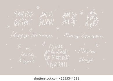 Merry Christmas tree Happy New Year simple lettering set. Calligraphy card sticker graphic design element. Hand written sign. Photo overlay Winter Holidays vector. Merry and Bright, Holly Jolly